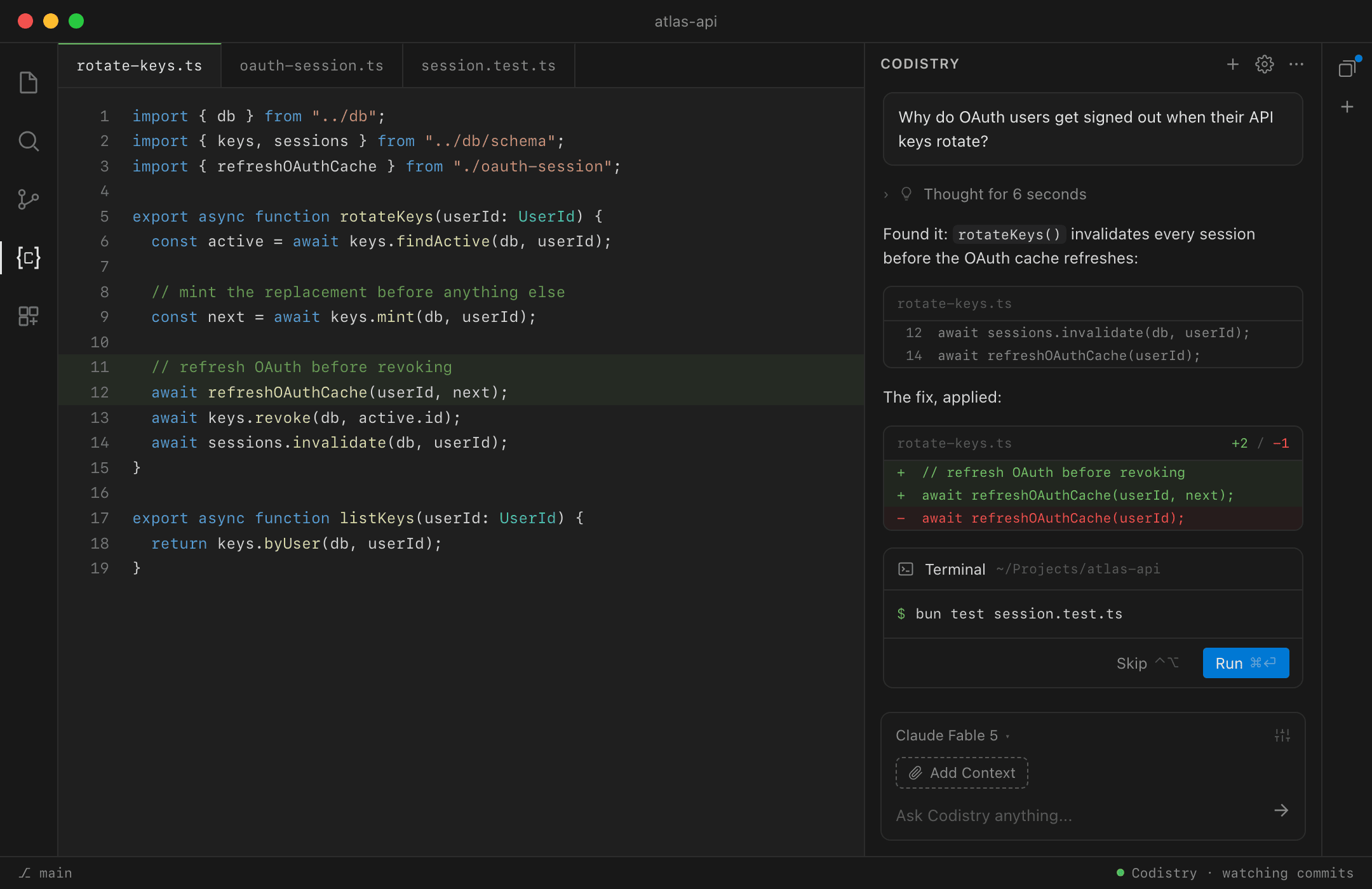 VS Code with the Codistry panel open: the agent traced an OAuth sign-out bug, cites the exact lines it read, has applied the fix to the editor, and waits for approval to run the tests